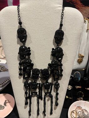 Black rhinestone skull necklace statement piece